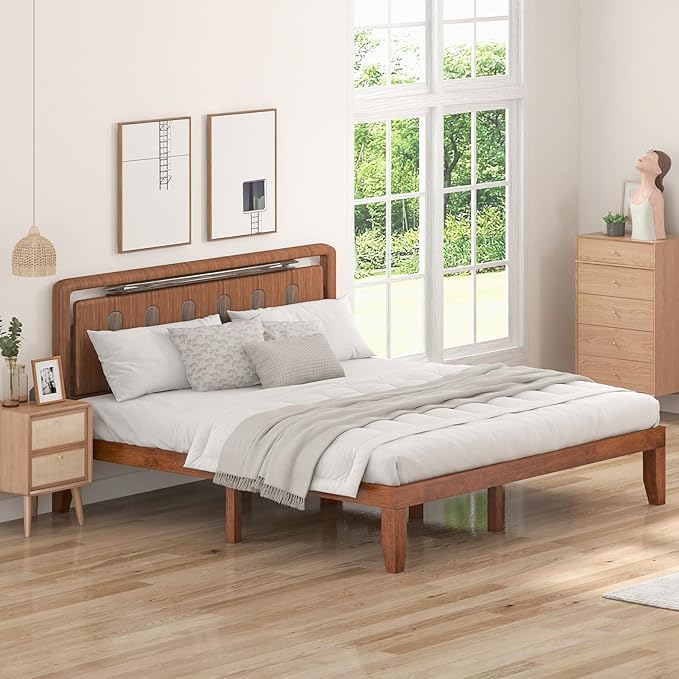 KOMFOTT 14 Inches Wood Platform Bed Frame King Size, Wooden Mattress Foundation with Rubber Wood Frame, Strong Wooden Slat Support, No Box Spring Needed, Bed Frame (Brown Cherry)