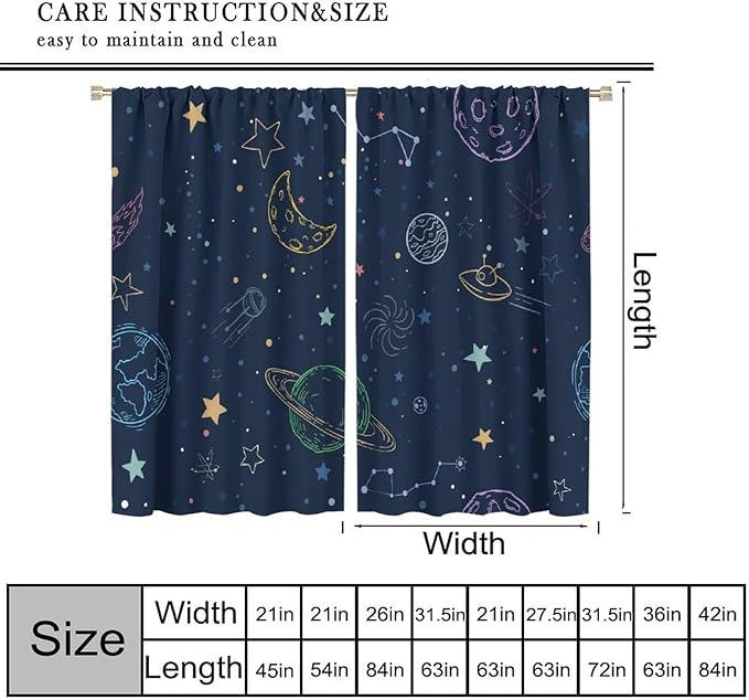Navy Blue Space Curtains, Cartoon Outer Space Stars Planets Theme Galaxy Curtains for Kids Teens Bedroom Nursery Toddlers Room 55" W X 63" L