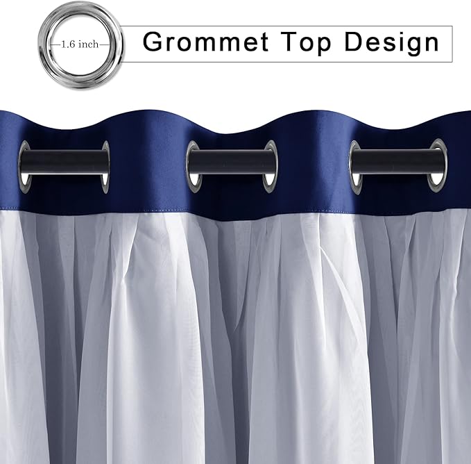 Hiasan Blackout Curtains with Sheer Overlay, Thermal Insulated Privacy Mix and Match Double Layer Window Curtains for Bedroom, Living Room, 2 Drape Panels Sewn with Tiebacks, Navy Blue, 42W X 63L