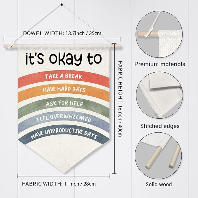It's Okay To Wall Hanging Banner,Mental Health Rainbow Canvas Poster for Kids Teens Classroom Decor, Self-Care Quote for Therapy Office, Counselor Room, Bedroom or Nursery, 11x16 Inch(KD32)