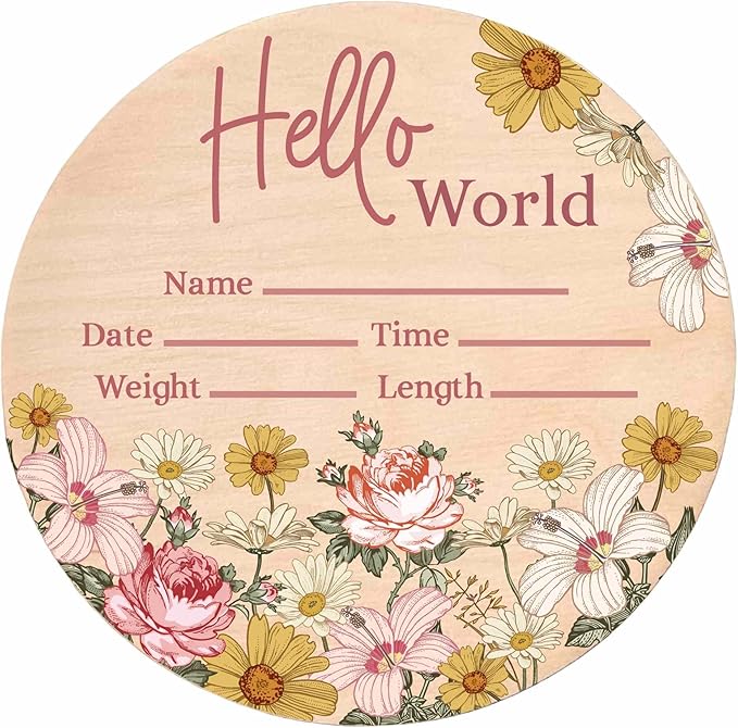Hello World Newborn Sign - Baby Name Birth Announcement Plaque for Hospital - Daisy Pink Floral - Photo Prop - Nursery Decor - Shower Gift