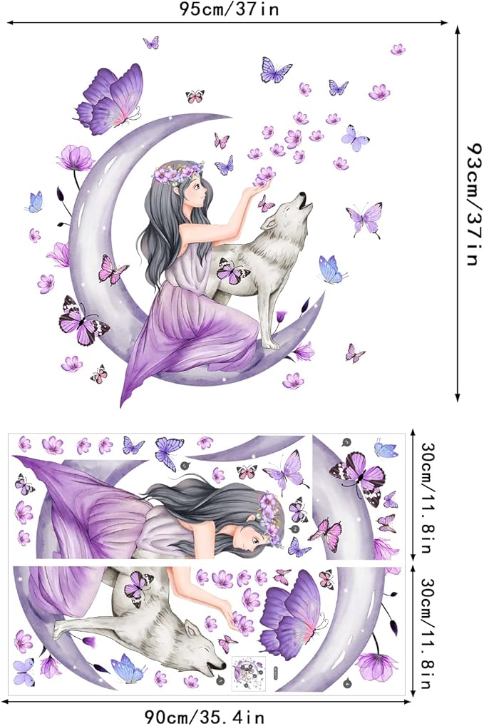 Fairy Girl Wall Sticker Purple Butterfly Flowers Wall Decals DIY Moon Wolf Wall Stickers Falling Floral Petals Wall Mural Removable Waterproof Wall Decor for Nursery Girl Bedroom