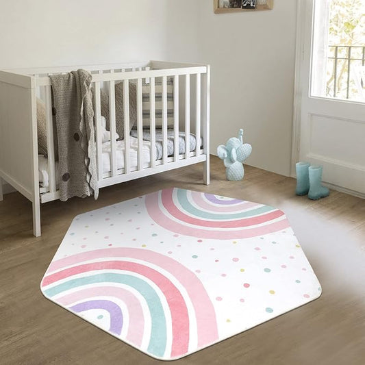 STARUIA Pink Rainbow Rug for Playroom, 55"x47" Washable Hexagon Kids Rug for Baby Girls Princess Tent Castle, Non-Slip Nursery Rugs Ultra Soft Play Carpet for Bedroom Classroom Dorm