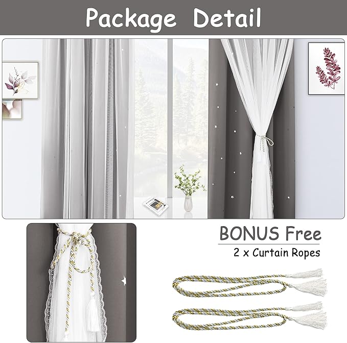 Kinryb Kids Blackout Curtains for Bedroom/Living Room/Classroom, Sheer Overlay Small 2 Panel Set, Double Layer Curtains with Star Cutout for Kids Room(W 52 x L 36 Inches,Grey 2 Pcs)