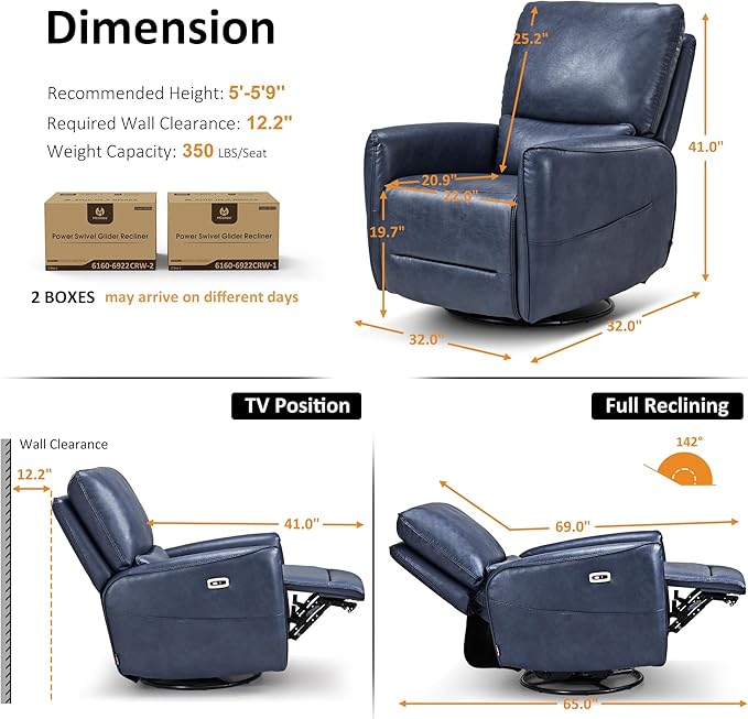 MCombo Power Swivel Rocker Recliner with Lumbar Support, Faux Leather Electric Nursery Glider Recliner Chair for Adults, 6922 (Navy Blue)