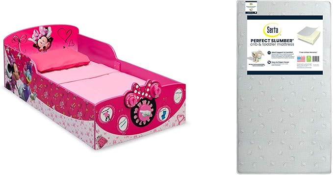 Delta Children Interactive Wood Toddler Bed, Disney Minnie Mouse + Serta Perfect Slumber Dual Sided Recycled Fiber Core Toddler Mattress (Bundle)