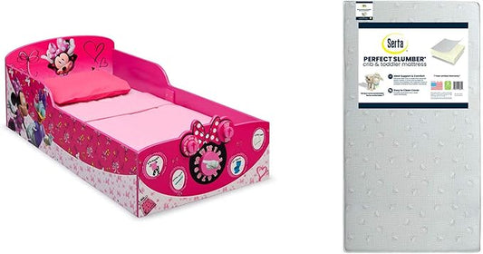 Delta Children Interactive Wood Toddler Bed, Disney Minnie Mouse + Serta Perfect Slumber Dual Sided Recycled Fiber Core Toddler Mattress (Bundle)