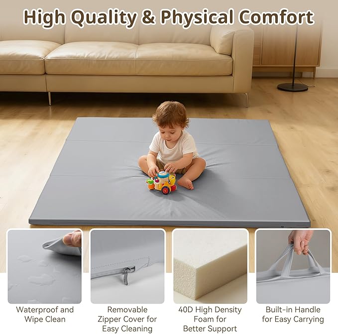 Baby Play Mat, 48 x 48 Inch Foldable PU Leather Waterproof Playpen Mat, 1.6" Extra Thick Foam Floor Mat for Infants and Toddlers, Non-slip Toddler Activity Playmat Cushion