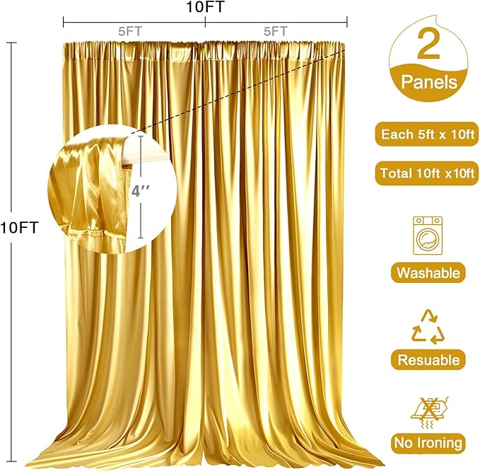 10x10ft Wedding Curtains Gold Wedding Backdrop for Ceremony Prom Stage Backdrop Satin Fabric Curtain Drapes Curtains Panels with Rod Pockets W5' x H10' 2 Panels YUNBSDJ069