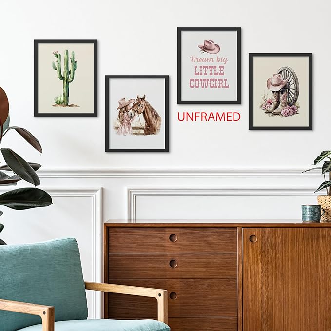 Hxlac Western Cowgirl Wall Art Prints Set of 4 UNFRAMED - Pink Boot Cactus Wall Decor, Cowgirl & Western Room Decor, 8x10 Inches