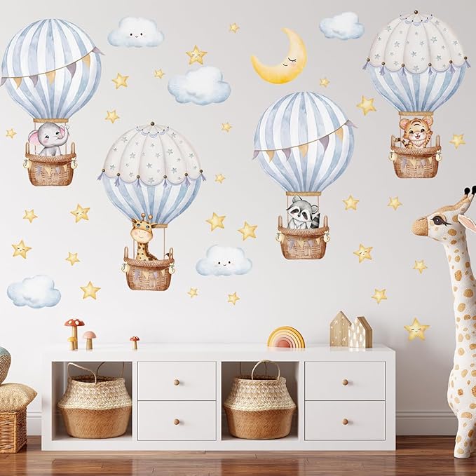 Hot Air Balloon Wall Decal，Animals Hot Air Balloon Wall Decals，Balloons Elephant Wall Stickers，White Cloud Wall Decoration Baby Nursery Girls Bedroom Toddler Room Wall Decor