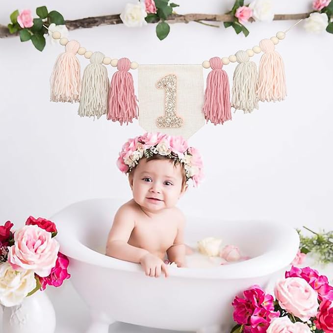 Handmade Boho Pink 1st Birthday High Chair Banner First Highchair Banner For Baby Girls Wall Hangings Wood Bead Tassel Garland 1 Birthday Party Decorations Cake Smash Photo Props