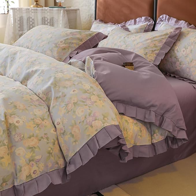 Ruffle Duvet Cover Set Twin Girls Cute Flower Duvet Cover with Purple Ruffles Cottagecore Bedding Vintage Floral Comforter Cover with 2 Pillowcases Princess Lace Bedding Flower Comforter Cover Twin