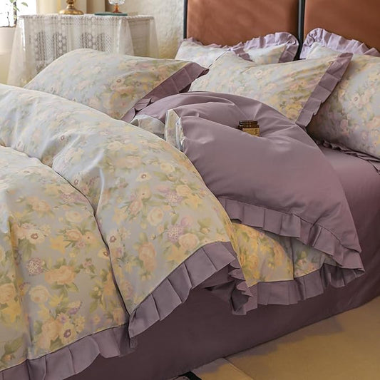 Ruffle Duvet Cover Set Twin Girls Cute Flower Duvet Cover with Purple Ruffles Cottagecore Bedding Vintage Floral Comforter Cover with 2 Pillowcases Princess Lace Bedding Flower Comforter Cover Twin