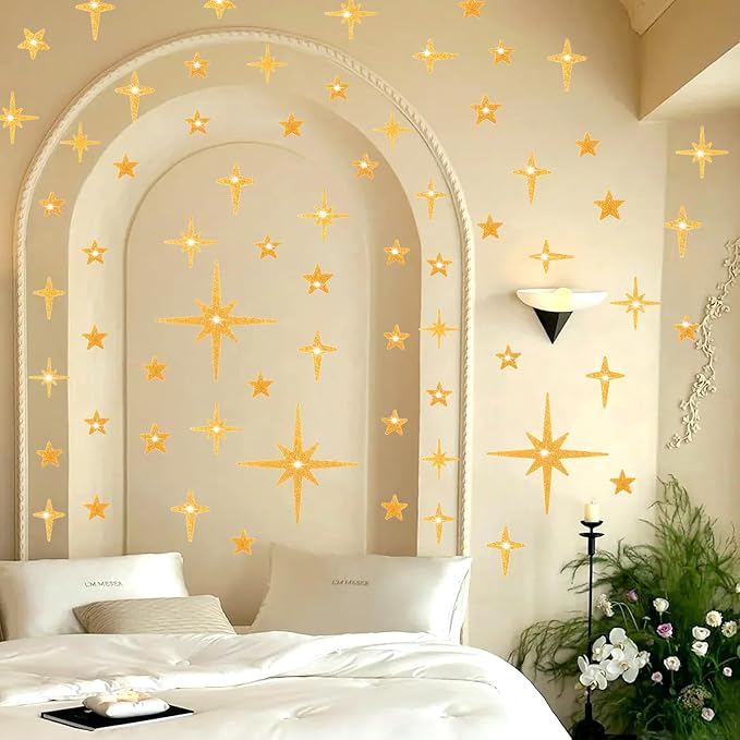 AOWDIAO Glitter Gold Star Peel and Stick Wall Decals - 120 Pcs, Assorted Shapes & Sizes for Room Decor