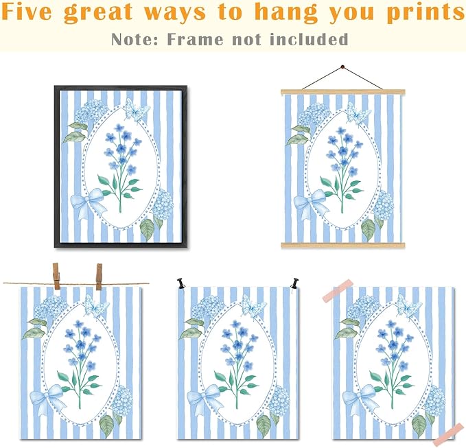 JINYO Blue Coquette Bow Floral Wall Art Prints Set of 4, Preppy Room Decor, Cottagecore Blue Wildflowers Hydrangea Botanical Posters Pictures Wall Decor for Girls Bedroom Home Dorm, 8x10 Unframed