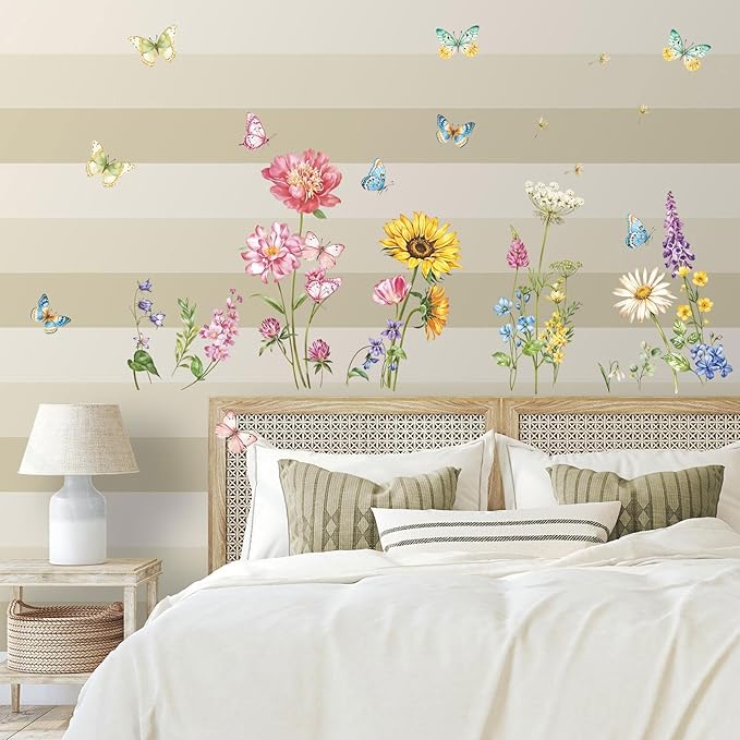 Butterfly & Flower Wall Decals Removable Peel and Stick Flower Wall Stickers for Girls Room, Bedroom, Living Room Nursery Decor
