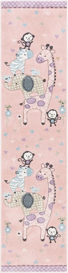 SAFAVIEH Carousel Kids Collection Runner Rug - 2' x 8', Blush Pink, Animal Design, Easy Care & Non-Shedding, Ideal for High Traffic Areas for Boys & Girls in Playroom, Nursery (CRK120U-28)