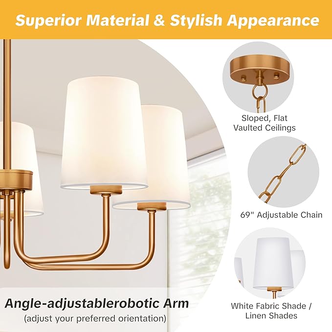 Farmhouse Chandelier, 5-Light Brass Chandelier with White Fabric Shade, Height Adjustable Modern Dining Room Light Fixture with E26 Base for Bedroom Foyer Hallway Entryway Kitchen Living Room