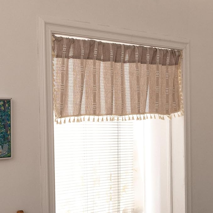 Deeprove Taupe Boho Valance with Tassels Linen Kitchen Short Embroidered Curtain. Farmhouse French Cottage Rustic Small Window Treatment for Cafe Closet Laundry Dining Restaurant 1 Panel W52 x L18