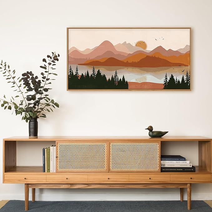 HLNIUC Boho Mountain Burnt Orange Wall Art Framed, Mid Century Modern Terracotta Wall Decor 40x20, Southwest Sunset Canvas Painting, Large Nature Picture for Living Room, Bedroom, Office