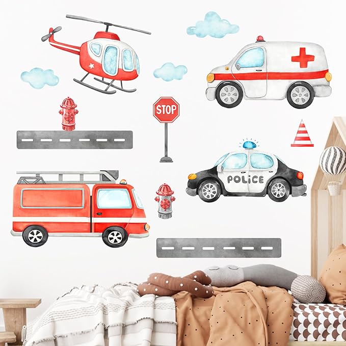 Mfault Vehicles Transportation Wall Decals Stickers, Helicopter Ambulance Fire Truck Police Car Nursery Decorations Boys Bedroom Art, Stop Roadblock Hydrant Cloud Toddlers Kids Room Playroom Decor