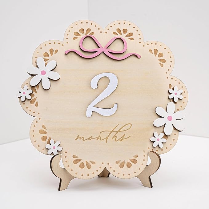 Baby Monthly Milestone Photo Sign, Wooden Floral Design with Pink Bows, Baby Girl Growth Tracker, 1-12 Months (Natural Wood and White with Pink Accents)