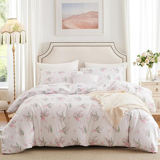 Duvet Cover Queen 3Pcs Pink Floral Bedding Set for Girls, Lily of The Valley with Butterfly and Bow Design, 1 Duvet Cover and 2 Pillowcases, Soft Breathable Microfibre Reversible