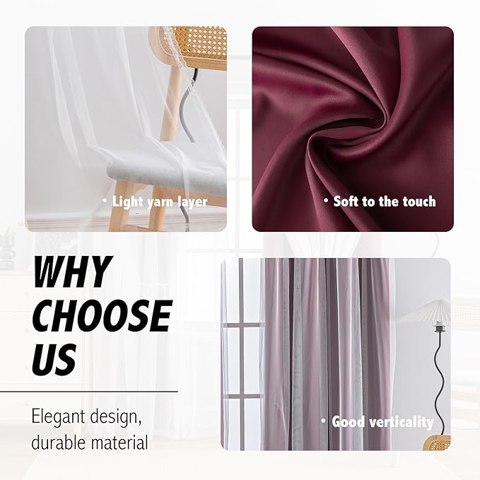 Anytime Home Curtains Blackout and Sheer Layered Solid Window Curtain Panel Pair with Grommet Top, 52Wx63L,Wine Red