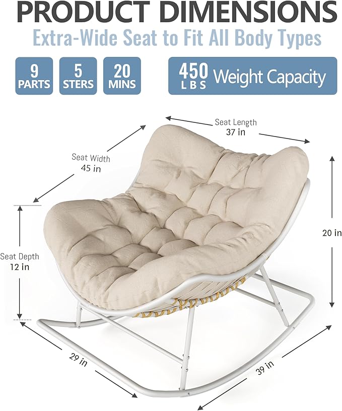 SWITTE Outdoor Papasan Rocking Chair, Oversized Egg Lounge Chair with Thick Cushion, Supports 450 lbs, Comfy Rocker for Patio, Balcony, Porch, or Indoor Living Room-Cream