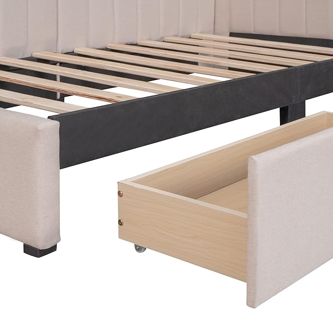 Harper & Bright Designs Upholstered Daybed with 2 Storage Drawers Twin Size Sofa Bed Frame No Box Spring Needed, Linen Fabric (Beige)