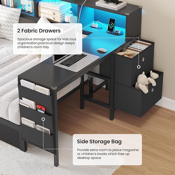 DICTAC Corner Twin Bed Frame with Desk,Charging Station and Bookcase Storage Twin Size Daybed for Kids/Teen with Storage Drawers,Led Lights and Shelves Twin Size Platform Bed Frame with Desk,Black