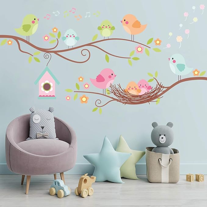 Robin Bird and Tree Branch Wall Stickers, Colorful Cute Cartoon Lovely Birds Singing On The Branch with Flowers Wall Decal, DILIBRA Removable DIY Mural Decorations for Living Room Bedroom Baby Room