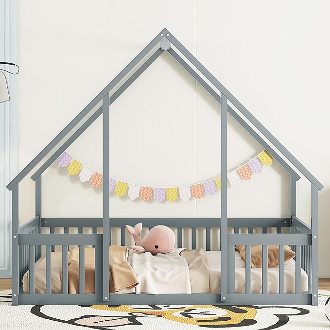 Bellemave Full Floor Bed for Kids, Girls, Boys, Wood House Bed Frame, House Floor Bed for Kids, Full Size Montessori Floor Bed with Fence, Playhouse for Kids, Gray