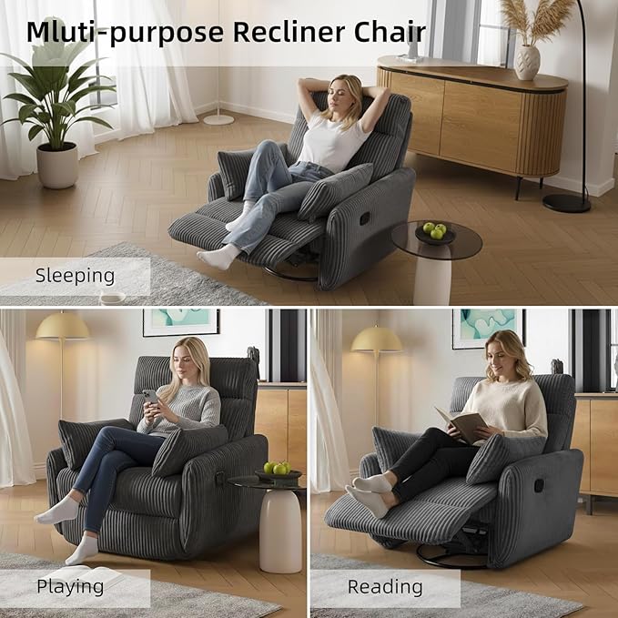 Swivel Recliner Chair for Adults, Corduroy Nursery Glider Rocking Chair, Armchair with 2 Pillows, Comfy High Back Reclining for Small Spaces, Nursery Bedroom Living Room (Corduroy Gray, 1 Pack)