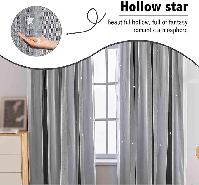 Anytime Romantic Kids Curtain,Hollow-Out Stars Window Curtain Double Layer Blackout Curtains for Girls Bedroom Kids Room 2Panel,(W52 x L63,Black)
