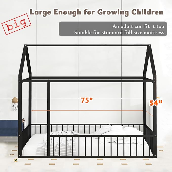 Bellemave Full Size Montessori Floor Bed, Metal House Bed Framefor Kids, Montessori Floor Beds with Fence, Playhouse for Kids, Black
