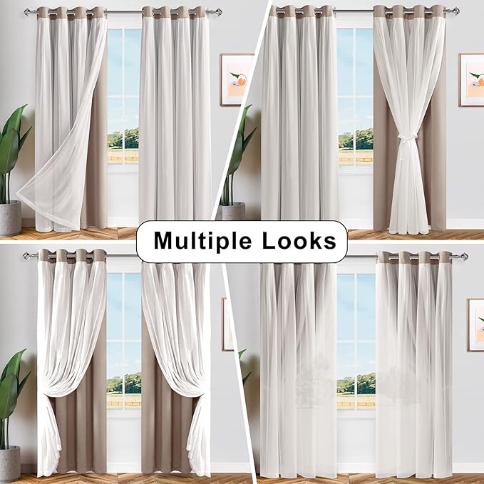 Hiasan Camel Blackout Curtains with Sheer Overlay, Grommet Thermal Insulated Privacy Mix & Match Double Layer Room Darkneing Curtains for Bedroom, Living Room, 2 Window Panels with Tiebacks, 52W X 84L