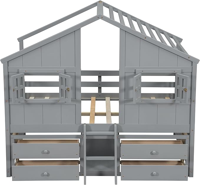 Harper & Bright Designs Full Size House Loft Bed with 4 Storage Drawers, Low House Montessori Bed with Roof and Windows, Safety Guardrails for Kids, Girls, Boys, Grey