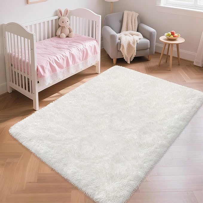 Soft Fluffy White Rug for Bedroom Living Room, 4x6 Furry Cream Area Rug Soft Fuzzy Shag Carpet for Boys Girls Room Dorm Dresser Bedside, Plush Thick Throw Kids Shaggy Rug Non-Slip for Nursery
