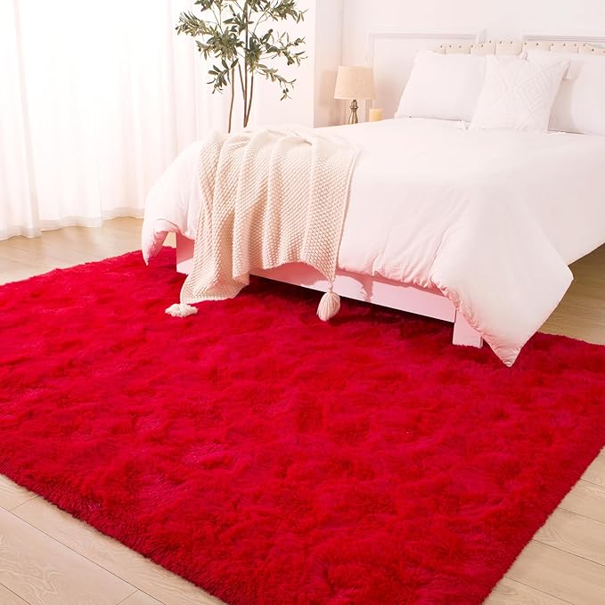 BENRON Fluffy Rugs for Living Room 6x9 Red, Washable Large Area Rugs for Bedroom Dining Table Office Kids Nursery Room, Washable Indoor Floor Carpets