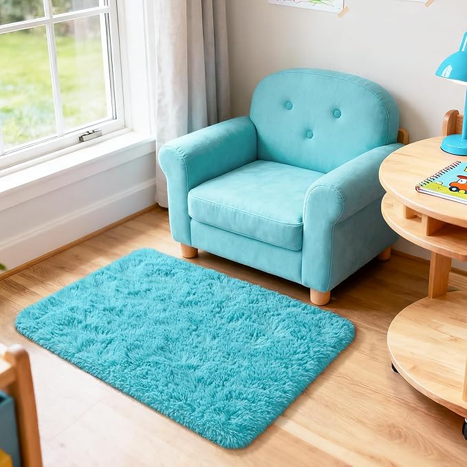 Merelax Modern Soft Fluffy Small Shaggy Rug for Bedroom Livingroom Dorm Kids Room Indoor Home Decorative, Non-Slip Plush Furry Fur Area Rugs Comfy Nursery Accent Floor Carpet 2x3 Feet, Teal