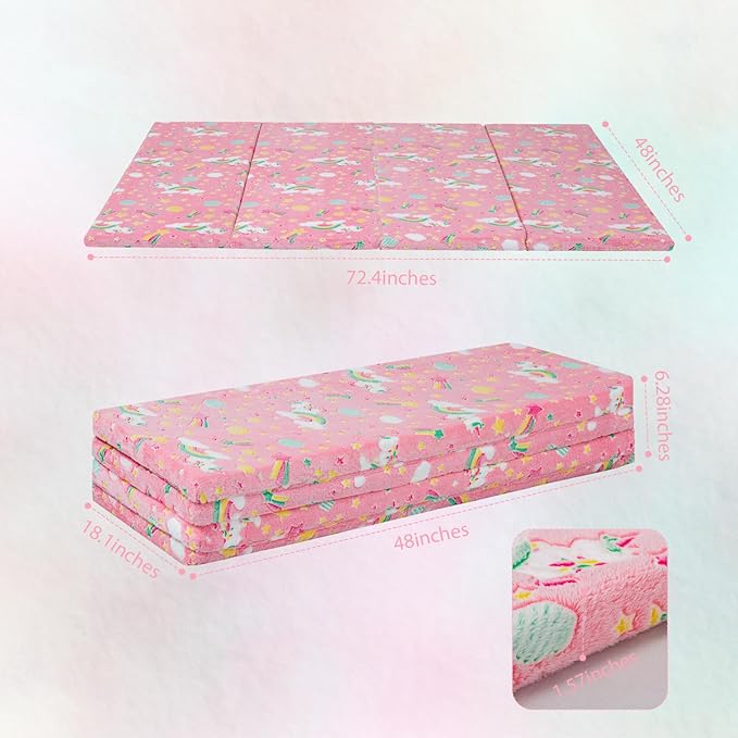 MeMoreCool Kids Floor Futon Mattress, Play Mat Muscle Mat Large 6x4 FT, Thicken Foam Tatami Mattress for Children Play Area, Foldable Sleeping Crawling Pad for Playroom, Pink Rainbow