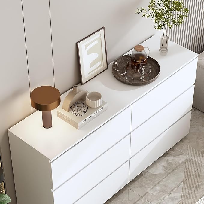 FAMAPY Chest of Drawers Dresser No Handles, 6 Drawer Dresser with Wide Storage, Modern 6-Drawer Chest, for Bedroom White 59”W x 15.7”D x 32.3”H