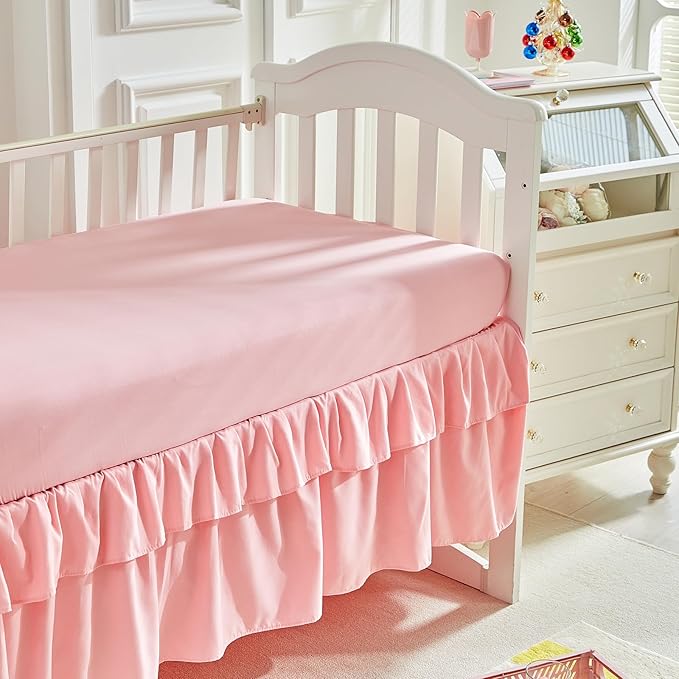 3 Pieces Flowers Crib Bedding Set Baby Ruffled Quilted Comforter with Fitted Sheet and Bed Skirt - Cute Ruffled Shabby Chic Baby Bedding Soft Blanket Floral Design
