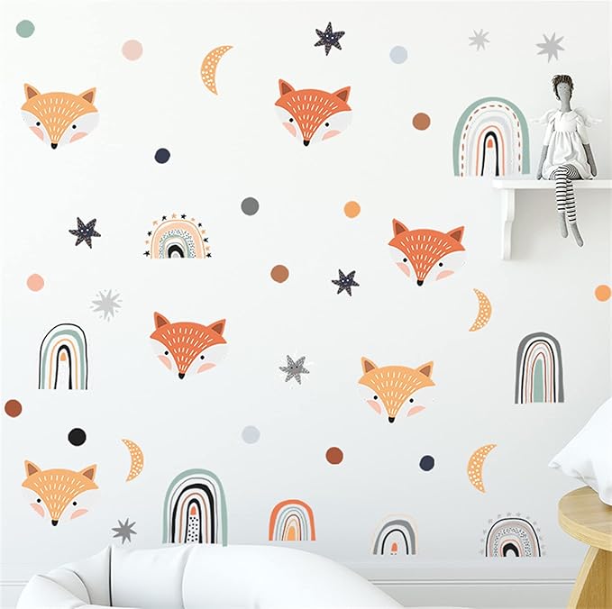 ROFARSO Colorful Cute Fox and Rainbow Wall Sticker for Kid Removable Animal Dot Star Wall Decal DIY Decoration for Nursery Baby Bedroom Playroom Living Room Gaming Room