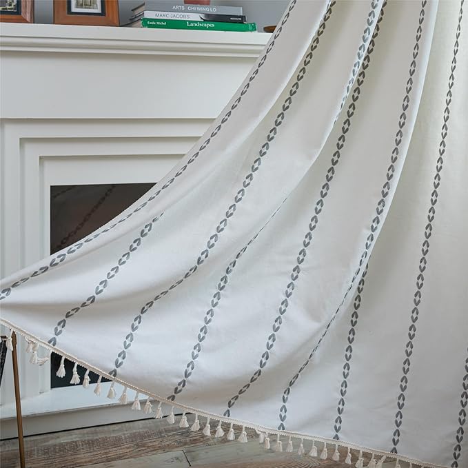 Deeprove Light Gray Boho Curtains 63 inches Length for Kitchen, Vintage Bohemian Embroidery Farmhouse Cotton Linen Striped French Country Tassel Window Treatments Decor, W52 x L63, 1 Panel