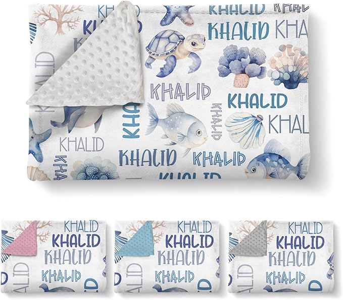 Personalized Baby Blanket with Name, Customized Blanket for Newborn Boys Girls, Ocean Animals Flannel Baby Name Blanket with Dotted Backing, Receiving Swaddle, Gifts for New Parents(30”x40)