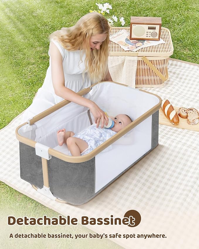 Baby Bassinet, Rocking Bedside Sleeper, Detachable & Portable Bassinet with 8-Level Height, Breathable Mesh, Storage Basket & Rotating Mobile Toy for Newborns Infant(Light Grey)