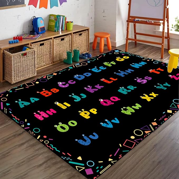 Cartoon Alphabet Area Rugs, 3x4ft, Colorful Printed Children's Classroom Carpet, Cozy Low Pile Soft Non-Slip Carpets, Durable Fade Resistant Absorbent Kids Rug for Bedroom Hallway